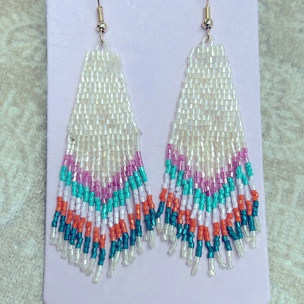 Brand New I Am Colorful Lightweight Glass Seed Beaded Drop Earrings Tribal Aztec